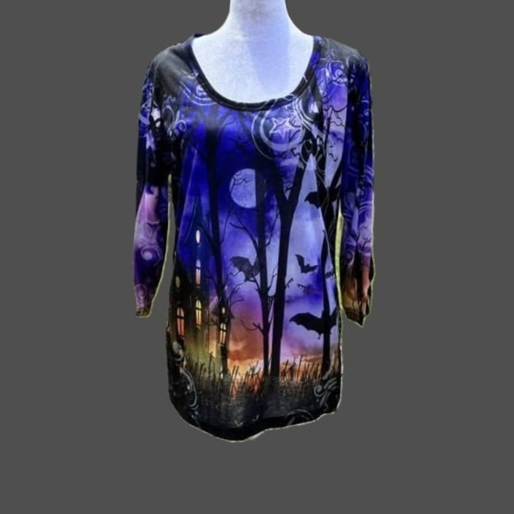 Celebrate Halloween Haunted House Bat Graphic Tunic Top Purple Black Medium 8-10